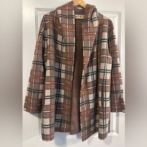 Plaid Hooded Cardigan in Rust, Gray & Cream